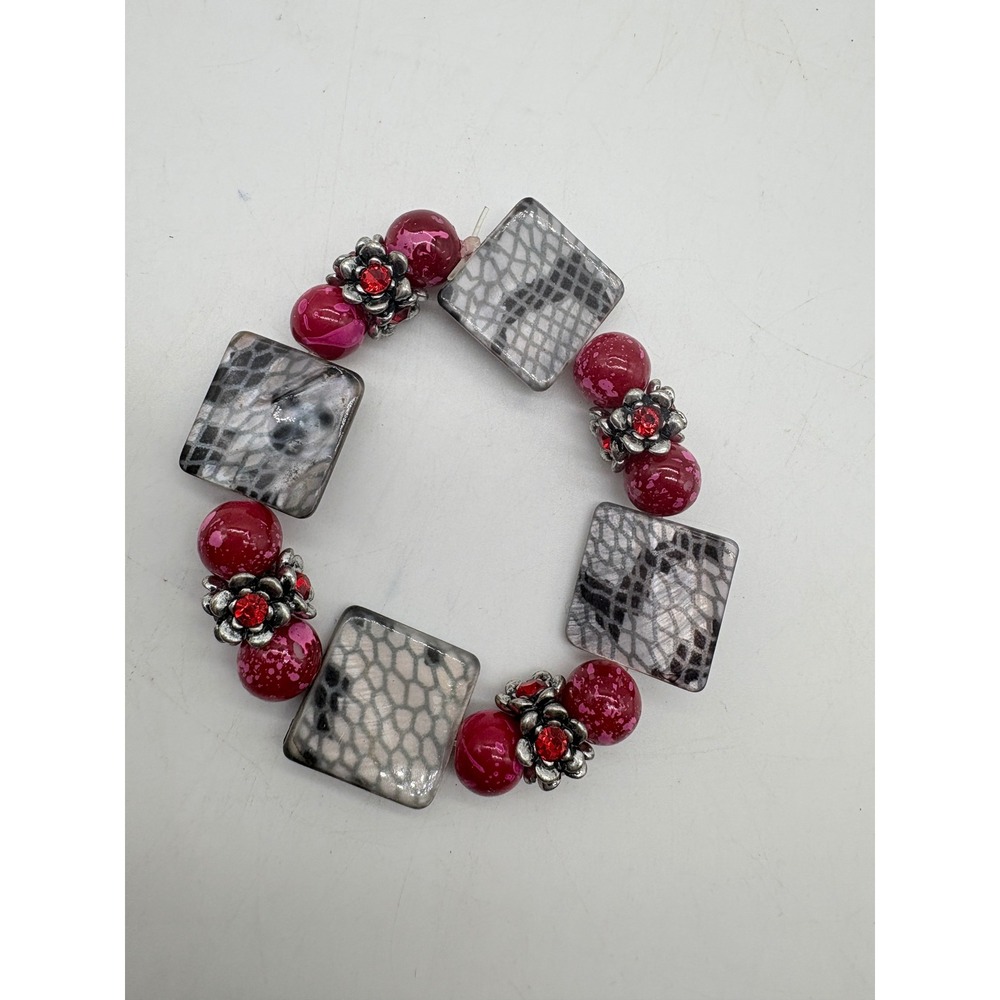 Magentaā Snakeskin Square Bead Stretch Bracelet Red Rhinestone Floral Accents